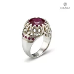 انگشتر نقره دست‌ساز مردانه یاقوت سرخ طرح اشک مخراج‌کاری کد R.RUBY2-MAK