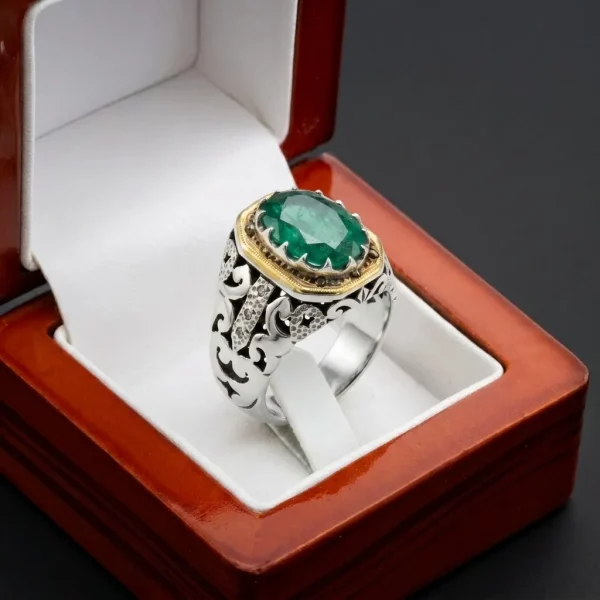 انگشتر نقره مردانه دست‌ساز زمرد فیلی EMERALD 3-MAK - تصویر 3